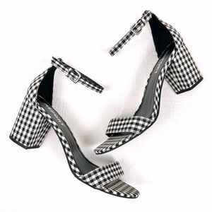 Report Gingham Ankle Strap Block Heel Size 8.5 Black White Checkered Sandal